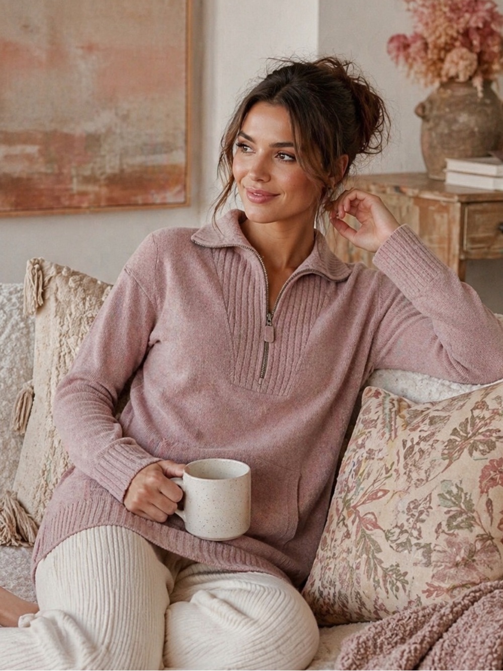 NWT Barefoot Dreams CozyChic Lite Half Zip Mauve Pink Lounge Pullover Jacket